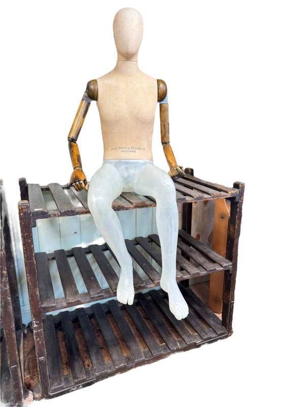 Jack Wills male mannequin with some damaged areas and associated three tier stand.