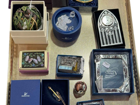 Royal Worcester oval box, Swarovski Crystal, Silver Scenes photograph...