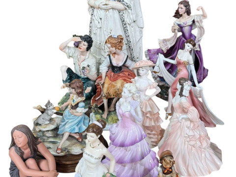 Large Staffordshire 'Queen of England' Capo Di Monte group, four Coalport...