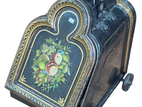 Victorian hand painted Toleware coal scuttle raised on four wheels decorated...