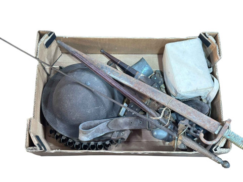 1907 Wilkinson sword with scabbard and another sword, gas mask, French...