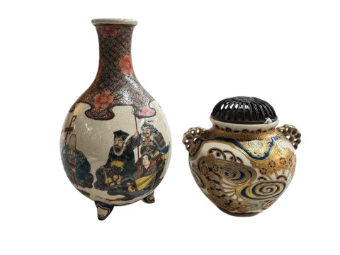 Satsuma pot pourri with swirl decoration and bronze cover, marks to base,...
