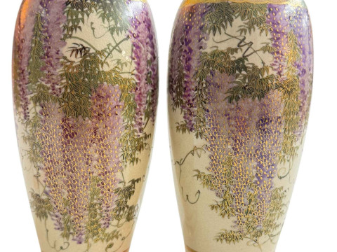 Pair Satsuma wisteria vases, black and gold mark, 18.5cm.