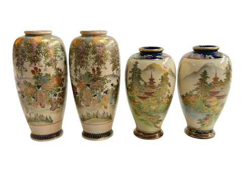 Two pairs of Satsuma vases, with figure and pagoda decoration, tallest...