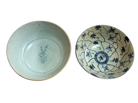 Two Diana Cargo blue and white bowls, with Christies 1995 lot tickets,...