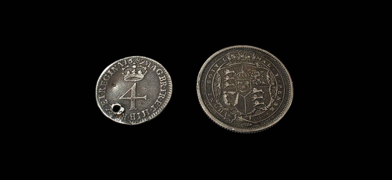 William and Mary (1689-1694) silver four pence, and George III 1820 silver one shilling.