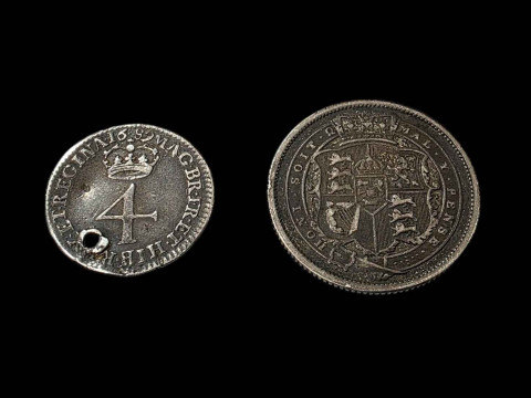 William and Mary (1689-1694) silver four pence, and George III 1820 silver one shilling. thumbnail
