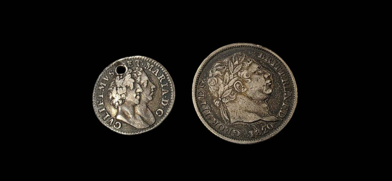 William and Mary (1689-1694) silver four pence, and George III 1820 silver one shilling.