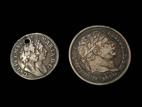 William and Mary (1689-1694) silver four pence, and George III 1820 silver...