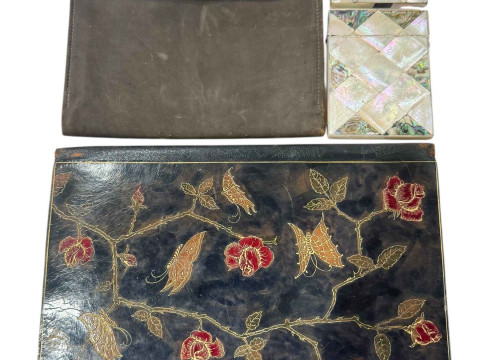 Two Victorian mother of pearl card cases, leather blotter and envelope...