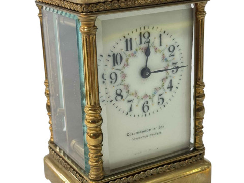 Gilt metal and enamel faced carriage clock, Collingwood & Son, Stockton...