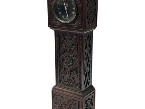 Miniature carved mahogany eight day longcase clock with Jaeger eight day...