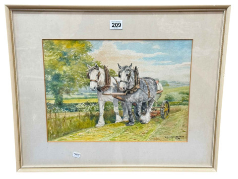 DM & EM Alderson, Two Shire Horses Working the Field, watercolour, signed...
