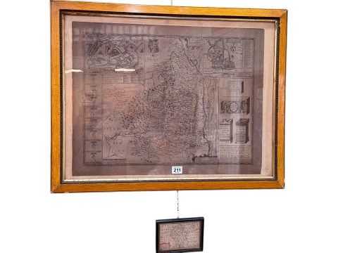 Framed map of Northumberland by John Speed 1610, 44cm by 57cm, and small...