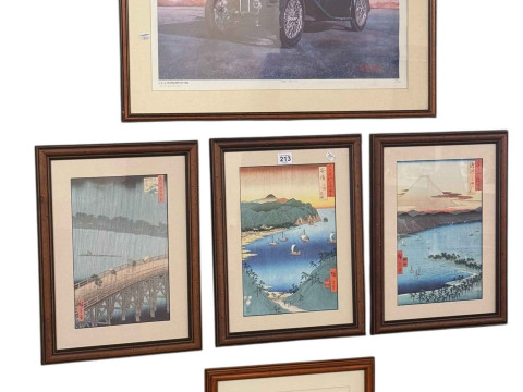 G A Warburton 1948 MGTC Print 188/500, three Japanese woodcut style prints,...