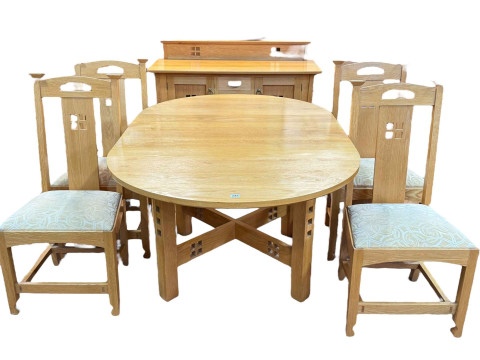 Bespoke Art & Crafts style light oak dining room suite comprising sideboard...
