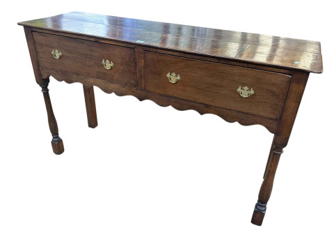 Oak side table with two frieze drawers on turned and square legs, 79cm...