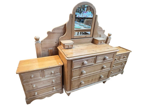 Pine dressing chest and pair of bedside three height chests with knob...