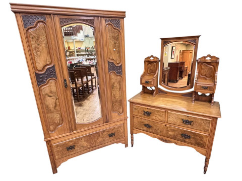 Satin and burr walnut wardrobe and matching dressing table.