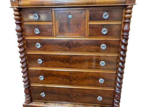Large Victorian mahogany seven height scotch chest with barley twist columns...