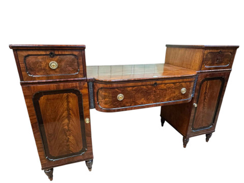 Regency mahogany and ebony inlaid pedestal breakfront sideboard on turned...