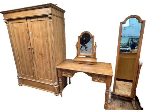 Continental style pitch pine double door wardrobe together with pine dressing...