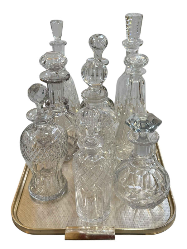 Collection of glass decanters.
