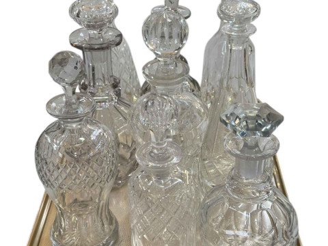 Collection of glass decanters.