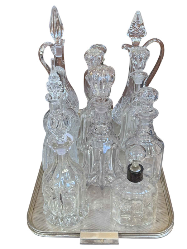 Collection of glass decanters and claret jugs.