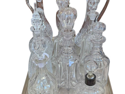 Collection of glass decanters and claret jugs.