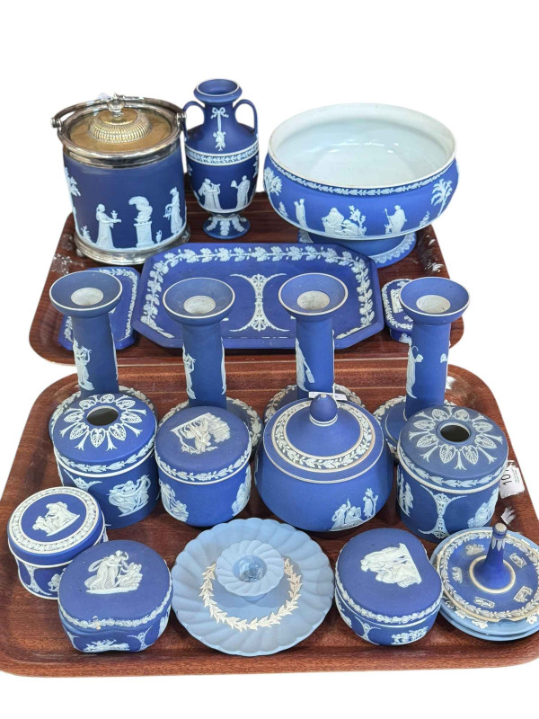 Collection of Wedgwood Blue Jasperware including biscuit jar, candlesticks, large bowl, etc.