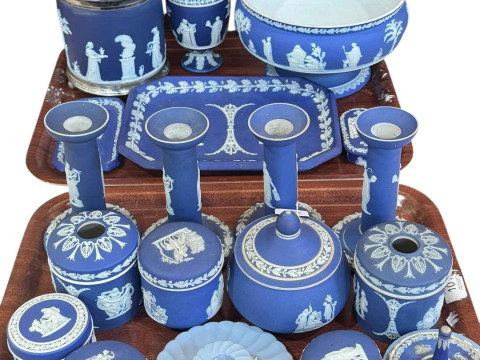 Collection of Wedgwood Blue Jasperware including biscuit jar, candlesticks,...