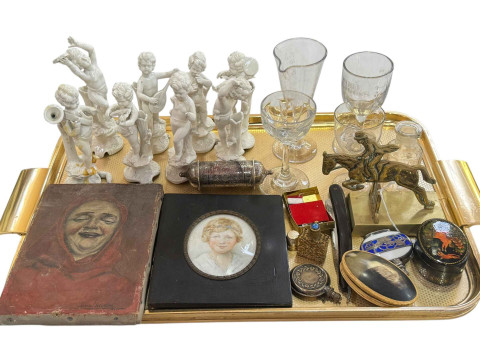 Collectables including white metal cylinder snuff box, small framed watercolour...