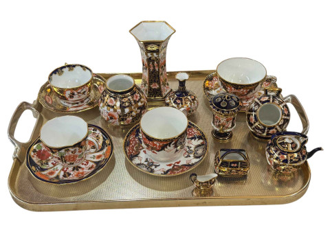 Collection of Royal Crown Derby including cups and saucers, vase, etc.