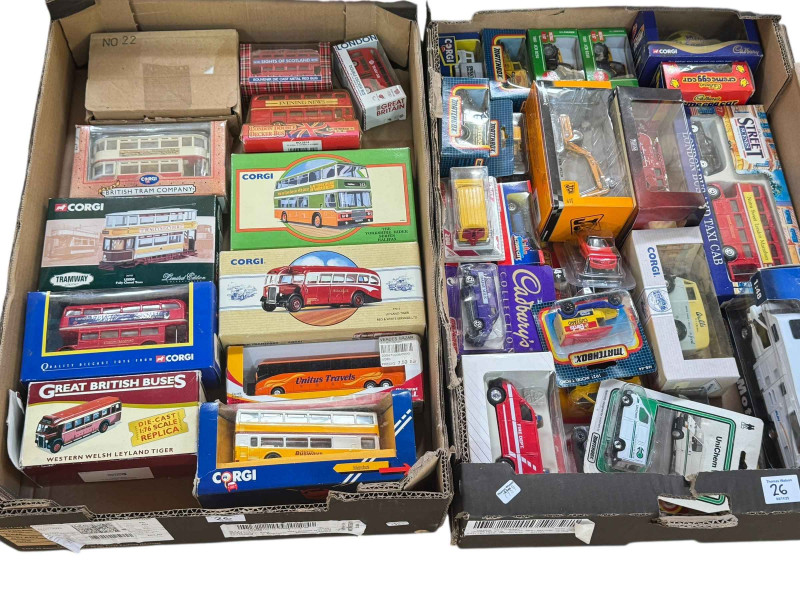 Five boxes of diecast models including Corgi trams, buses, Weetabix Special Edition, Matchbox, etc.