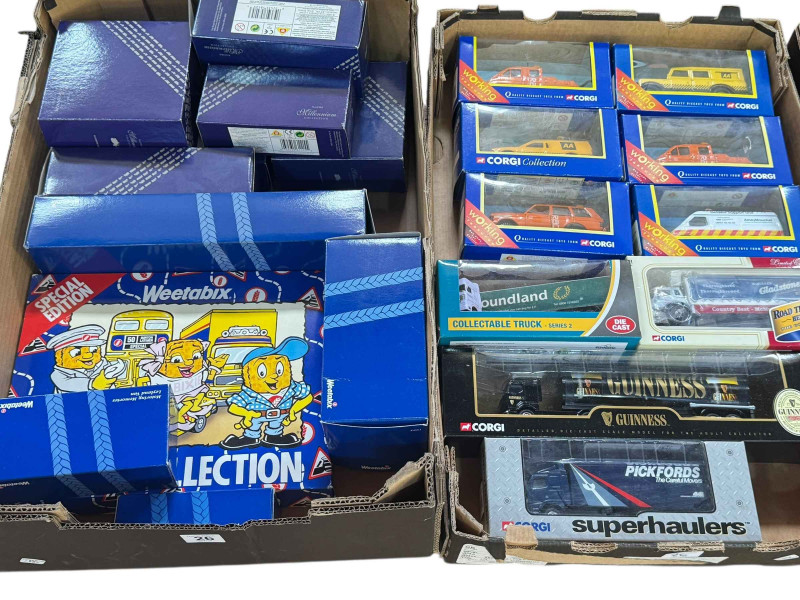 Five boxes of diecast models including Corgi trams, buses, Weetabix Special Edition, Matchbox, etc.