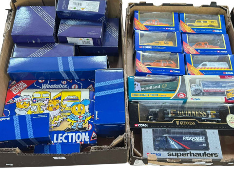 Five boxes of diecast models including Corgi trams, buses, Weetabix Special Edition, Matchbox, etc. thumbnail