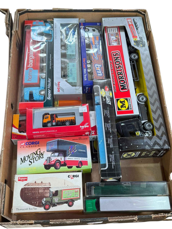 Five boxes of diecast models including Corgi trams, buses, Weetabix Special Edition, Matchbox, etc.
