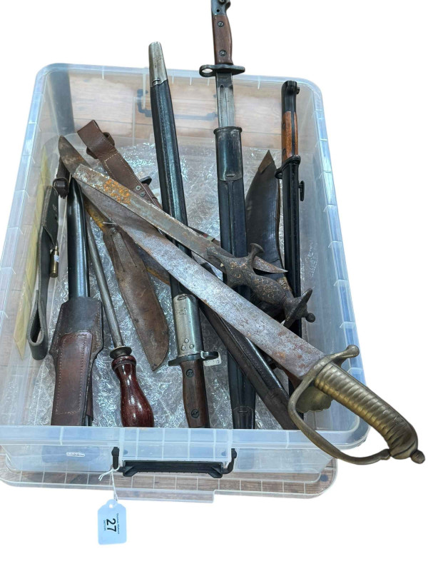 1907 Wilkinson sword, kukri knives, steel, dagger and bayonet, etc.