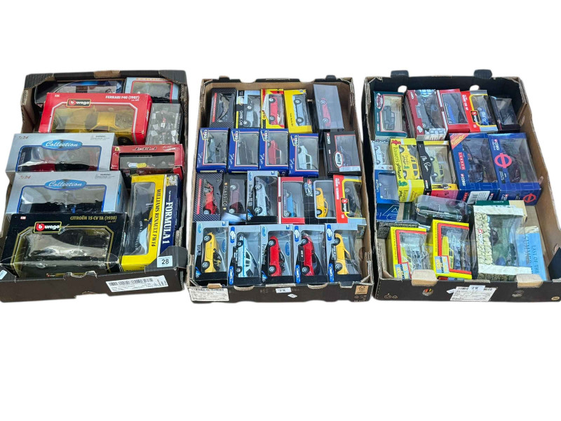 Three boxes of diecast models including Burago, Corgi, Hot wheels, etc.