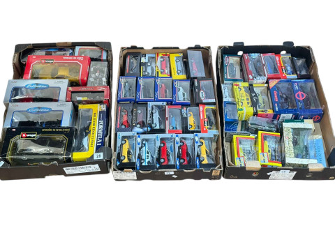 Three boxes of diecast models including Burago, Corgi, Hot wheels, etc.