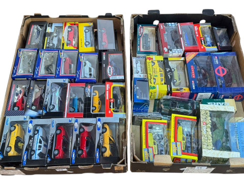 Three boxes of diecast models including Burago, Corgi, Hot wheels, etc. thumbnail