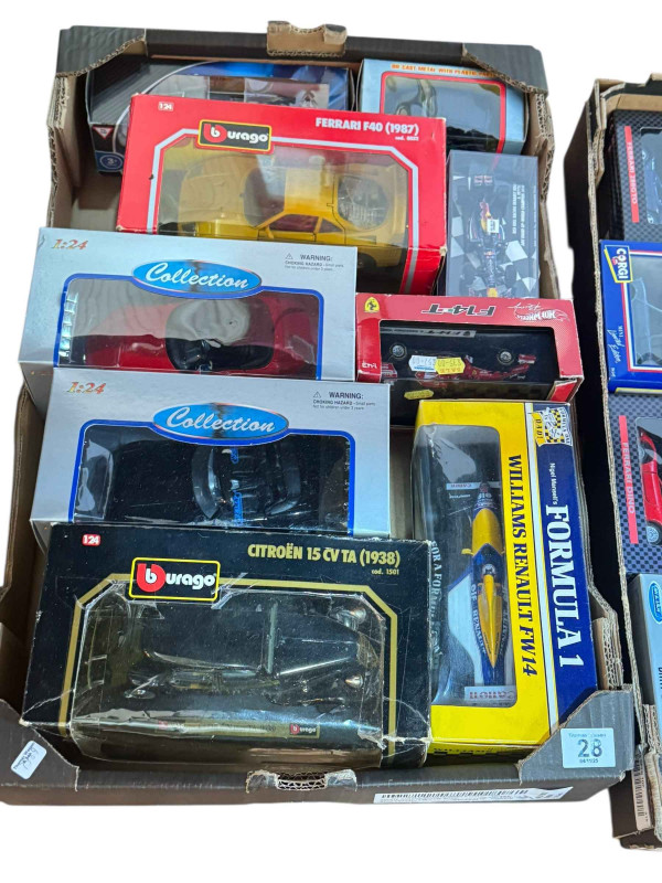 Three boxes of diecast models including Burago, Corgi, Hot wheels, etc.
