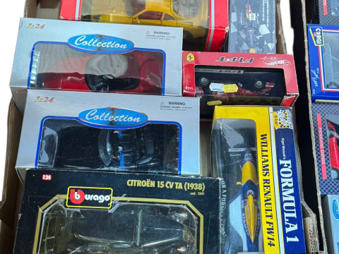 Three boxes of diecast models including Burago, Corgi, Hot wheels, etc. thumbnail