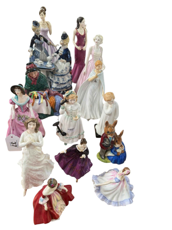 Collection of figurines including Bunnykins, Coalport, Royal Doulton, etc.