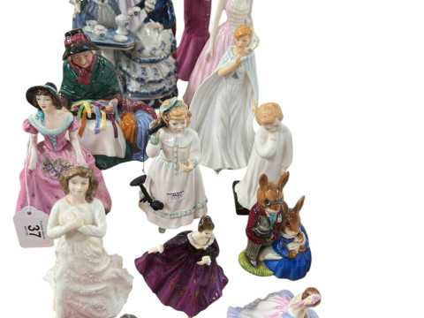Collection of figurines including Bunnykins, Coalport, Royal Doulton,...