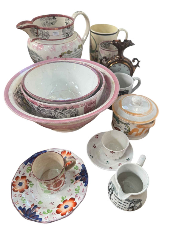 Collection of Sunderland Lustre pottery including large jug, bowl, mug, etc.