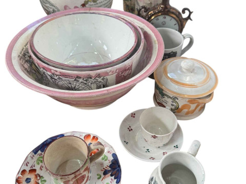 Collection of Sunderland Lustre pottery including large jug, bowl, mug,...