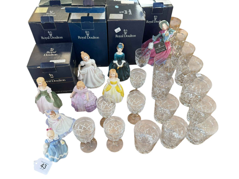 Collection of Royal Doulton lady figurines, cut glass, etc.