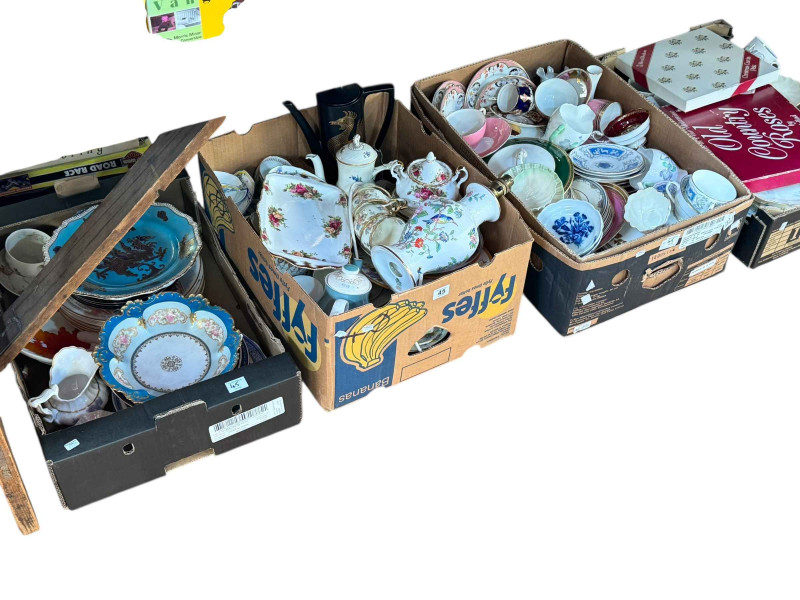 Four boxes of decorative porcelain including Coalport Revelry, Old Country Roses, Belleek, etc.